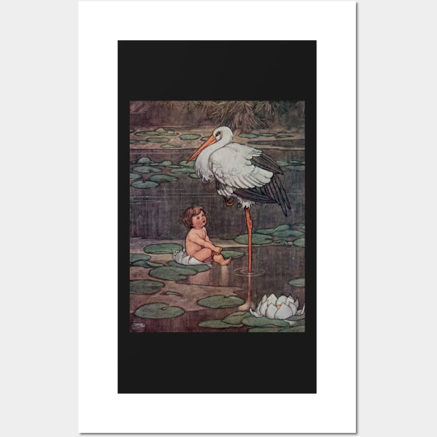 Baby and Stork Vintage Fairy Tale Illustration Wall Art by softbluehum